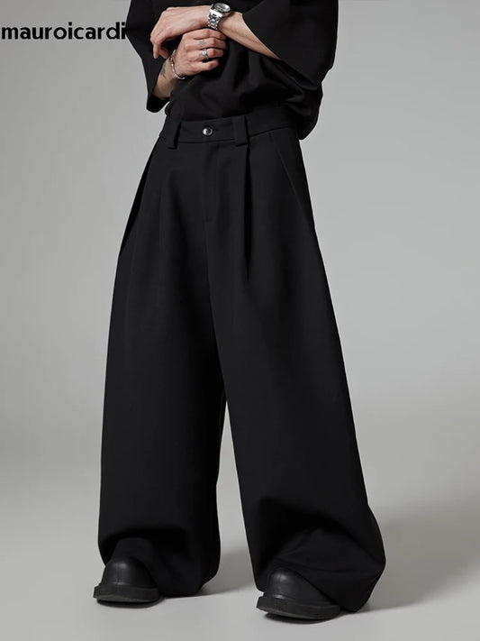 Mauroicardi Spring Autumn Oversized Long Black Flowy Baggy Wide Leg Pants for Mens Streetwear Loose Casual Soft Trousers 2024