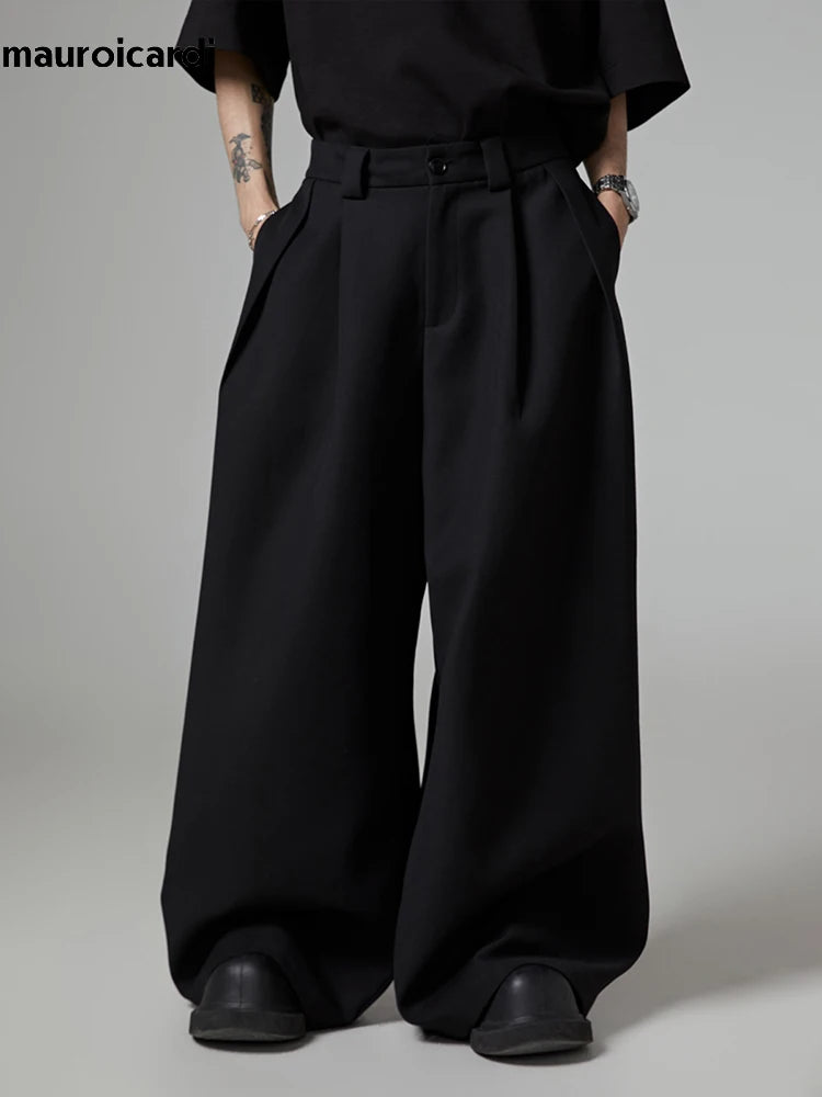 Mauroicardi Spring Autumn Oversized Long Black Flowy Baggy Wide Leg Pants for Mens Streetwear Loose Casual Soft Trousers 2024