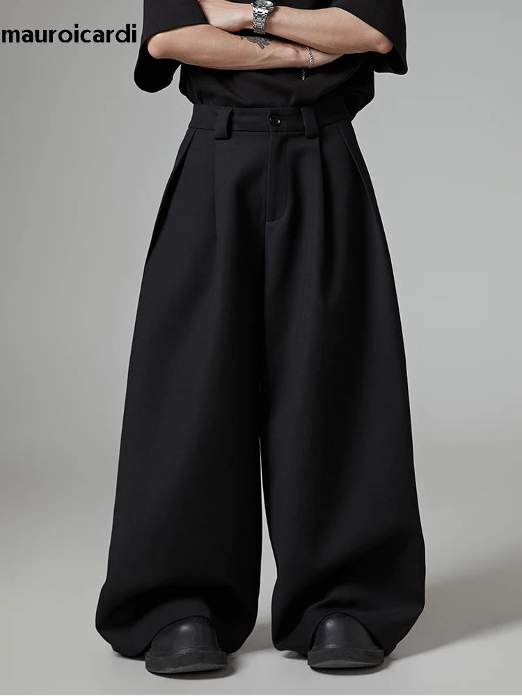 Mauroicardi Spring Autumn Oversized Long Black Flowy Baggy Wide Leg Pants for Mens Streetwear Loose Casual Soft Trousers 2024