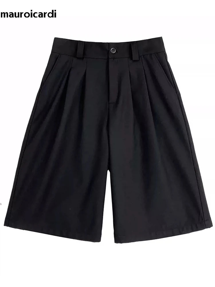 Mauroicardi Spring Summer Loose Casual Soft Black Pleated Shorts for Men Mens with High Waist Short Straight Pants Clothes 2024